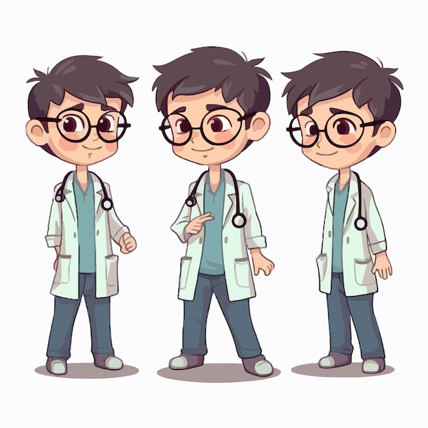 Niño médico vestido con traje médico ilustración vectorial niño joven multipose