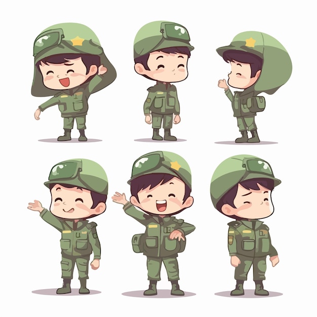 Niño militar vestido con uniforme Ilustración vectorial estilo dibujos animados para niños pequeños