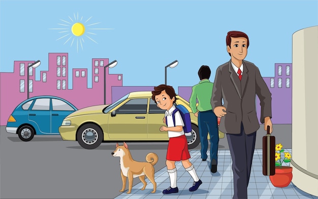 Niño mirando al hombre que cruza la calle con un perro cerca de él y vehículos que mueven ilustraciones vectoriales