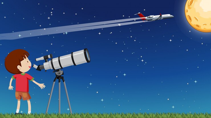 Vector un niño mirando la luna con un telescopio