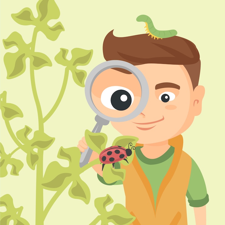 Vector niño mirando a través de una lupa a la mariquita.