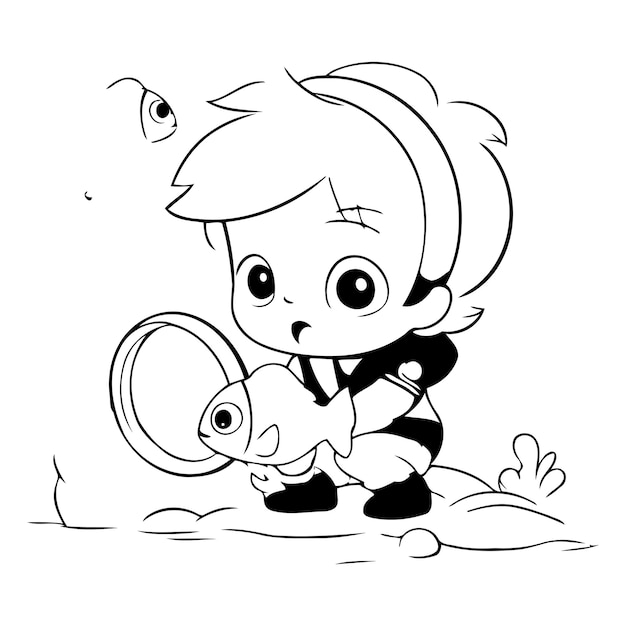 Vector niño mirando a través de una lupa para pescar