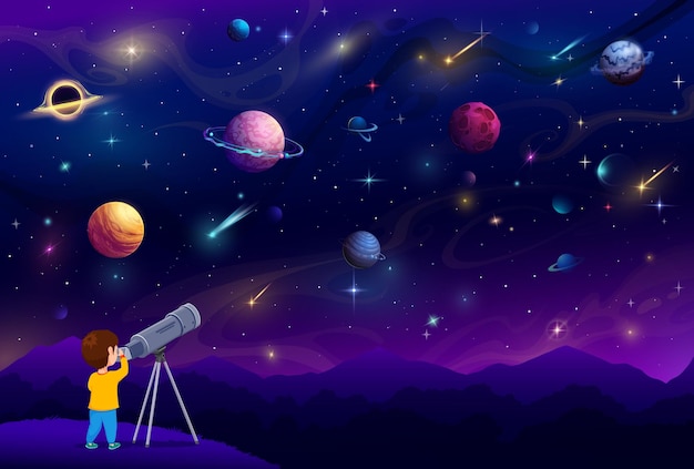 Niño mirando a través de un telescopio en el cielo nocturno con dibujos animados espacio galaxia planetas vector astronomía ciencia educación lindo personaje de niño observando fantasía universo estrellas asteroides constelaciones