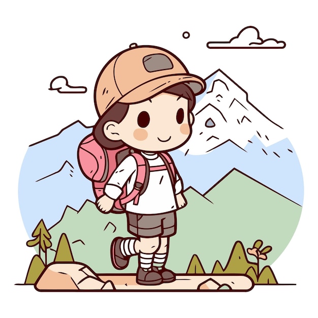 Vector niño con mochila caminando por las montañas de un niño con una mochila