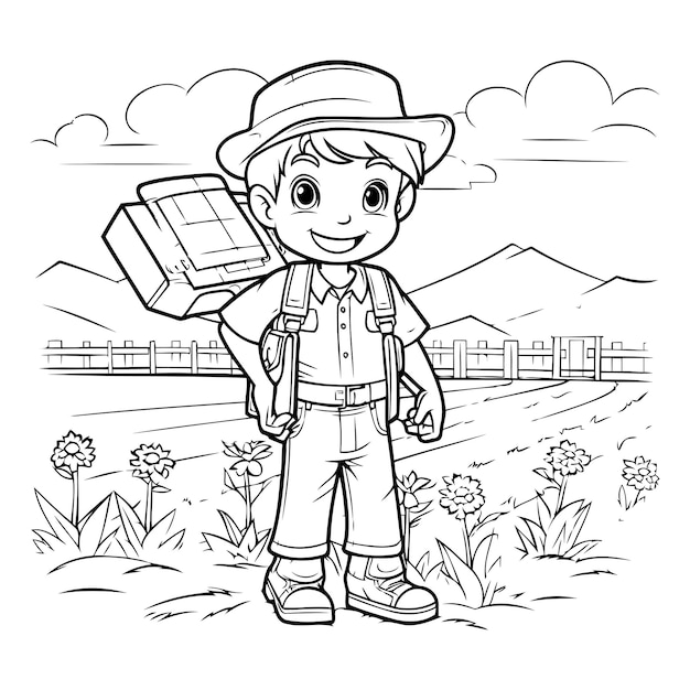 Niño con mochila en el campo Ilustración vectorial para libro de colorear