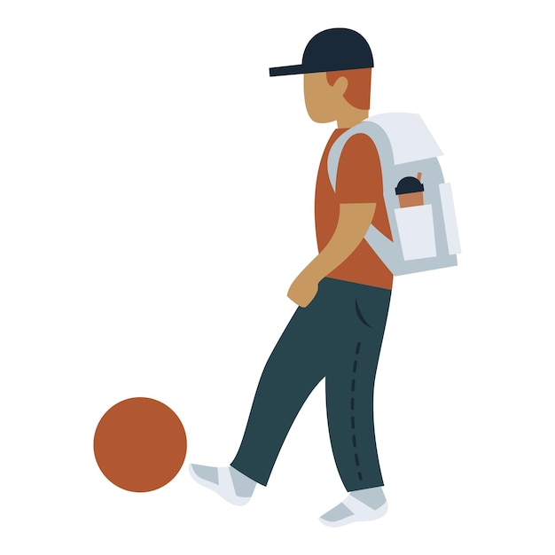 Niño con mochila pateando la pelota ilustración vectorial aislado sobre fondo blanco.