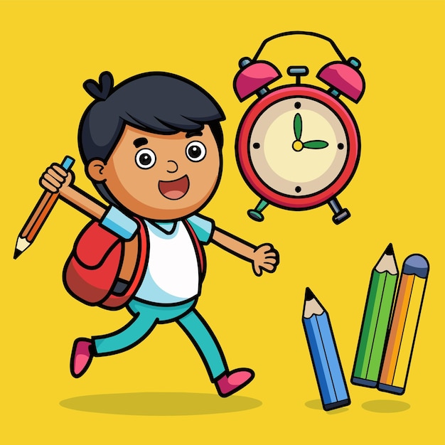 un niño con una mochila y un reloj con las palabras "escuela" en él