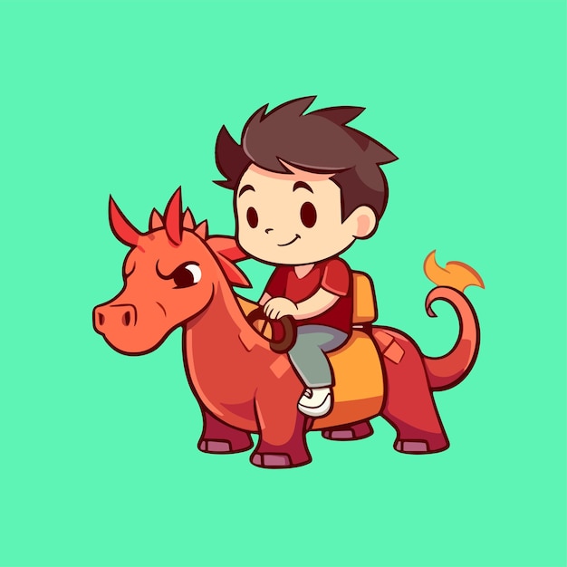 Un niño montando un caballo con cola roja y cola roja.