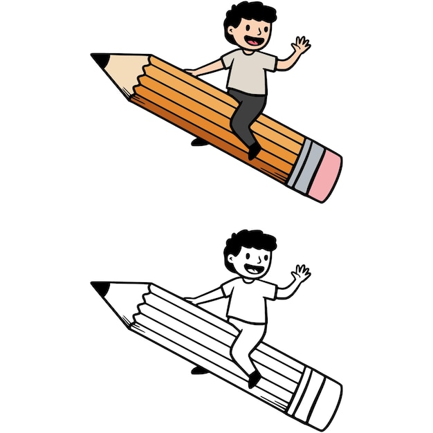 Un niño montando un lápiz gigante una ilustración creativa y lúdica estilo de página de colorear y colorear