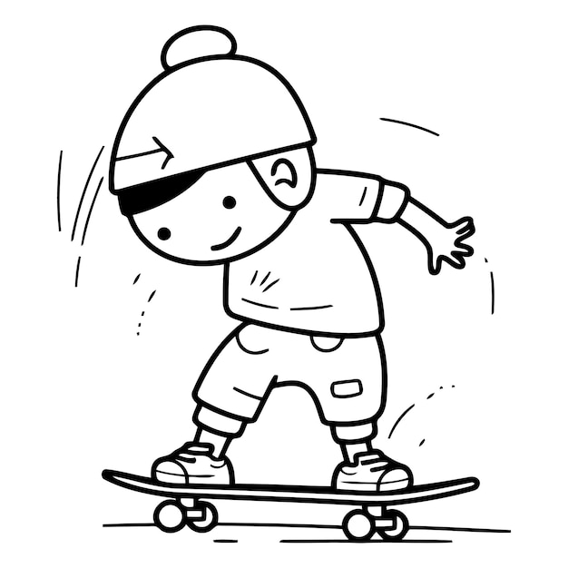 Vector niño montando en patineta al estilo doodle