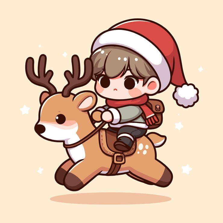 Vector un niño montando un reno con un sombrero de santa claus chibi lindo diseño plano kawaii