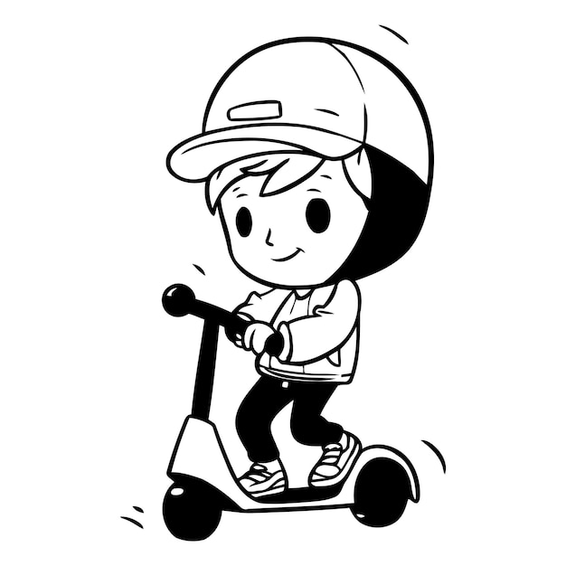 Niño montando un scooter ilustración vectorial linda en estilo de dibujos animados