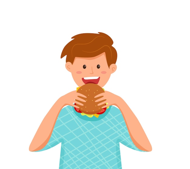Niño mordiendo hamburguesa ilustración de vector de comida rápida Concepto de estilo de dibujos animados coloridos de feliz niño hambriento