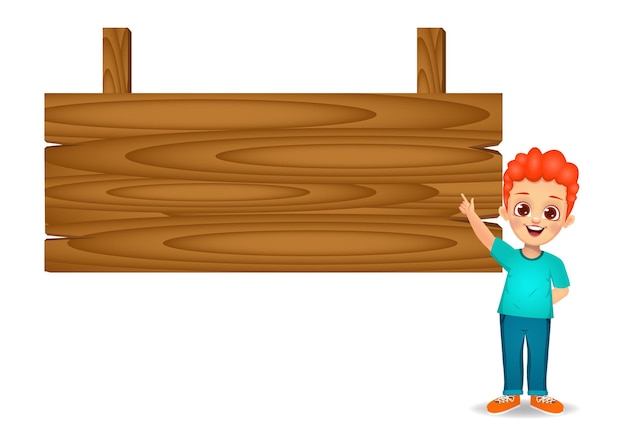 Niño mostrando el dedo índice a una tabla de madera en blanco