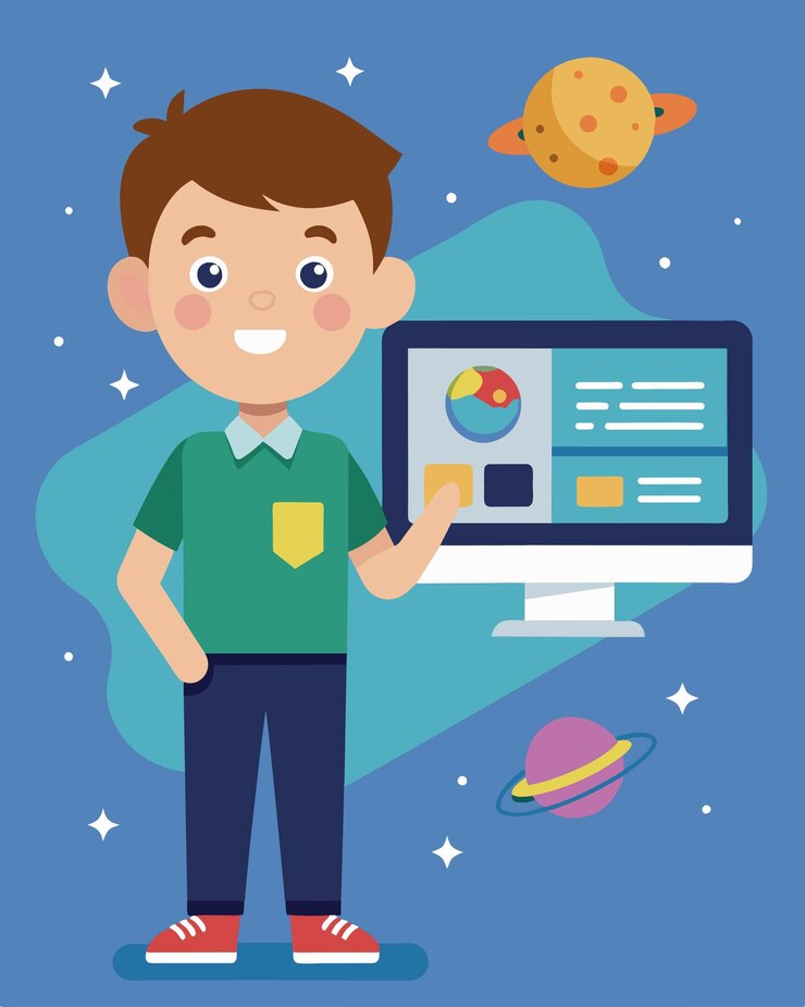 Vector un niño mostrando con orgullo su sitio web lleno de videos educativos y juegos que hizo para