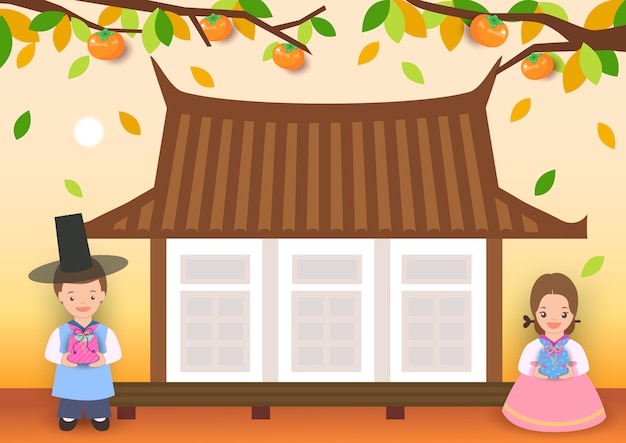 Niño y muchacha felices del chuseok en el ejemplo tradicional de la casa