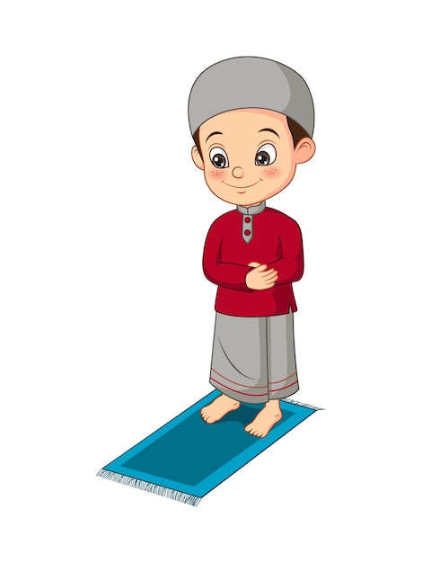 Niño musulmán de dibujos animados rezando sobre estera