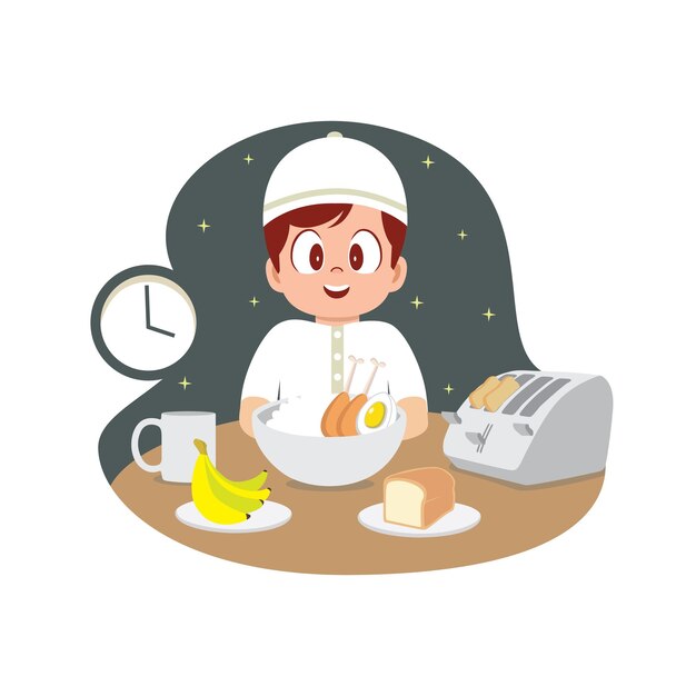 Niño musulmán disfrutando del desayuno suhoor durante el Ramadán