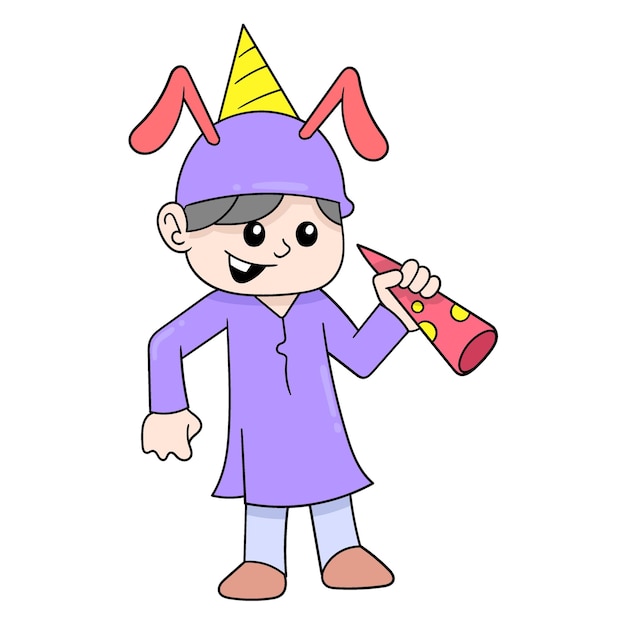 Niño musulmán está feliz celebrando el año nuevo islámico doodle icono imagen kawaii