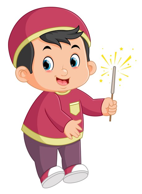 Un niño musulmán feliz está sosteniendo un fuego artificial