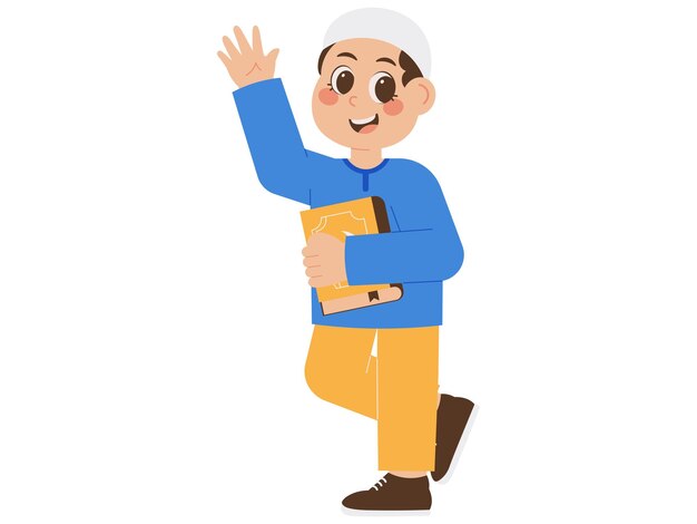 Niño musulmán feliz sosteniendo la ilustración del Corán