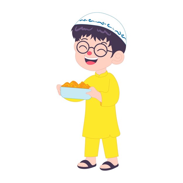 Un niño musulmán feliz con trajes tradicionales llevando comida con alegría celebrando el Ramadán con alegría