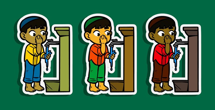 Vector niño musulmán haciendo ablución ilustración de pegatinas de dibujos animados