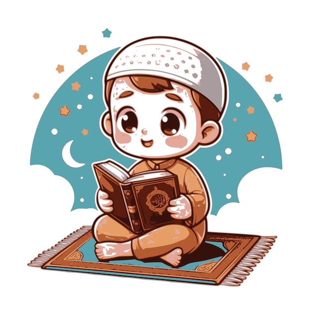 Un niño musulmán leyendo el Corán en estilo de dibujos animados sobre un fondo blanco