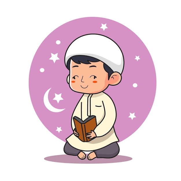 Niño musulmán leyendo el sagrado Corán Ramadán Kareem fondo ilustración vectorial niño lindo orando