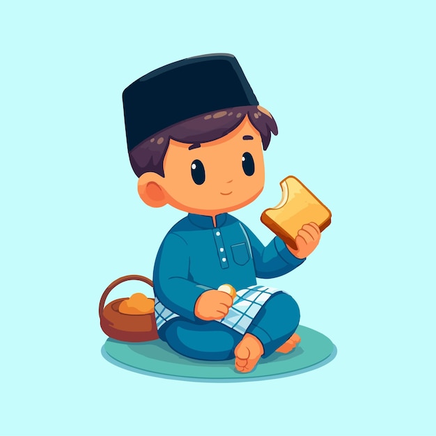 un niño musulmán lindo comiendo pan mientras está sentado en la alfombra