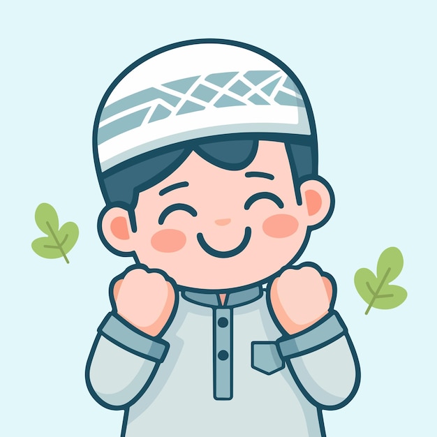 Un niño musulmán lindo con una ilustración vectorial de estilo de diseño plano