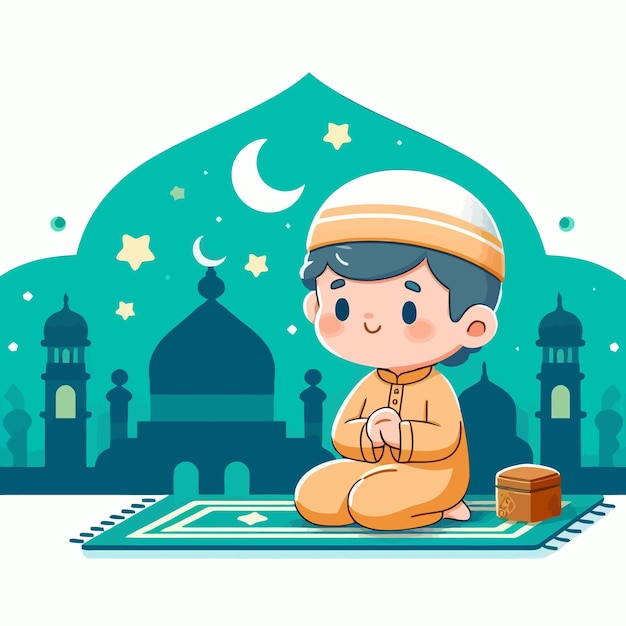 un niño musulmán lindo reza y iftar en el mes de ramadán