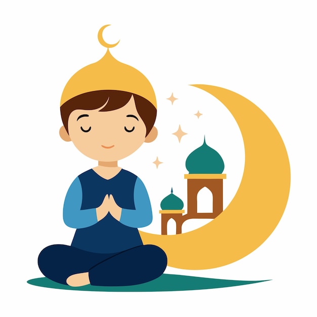 Niño musulmán orando durante el Ramadán con una mezquita e ilustración de la luna