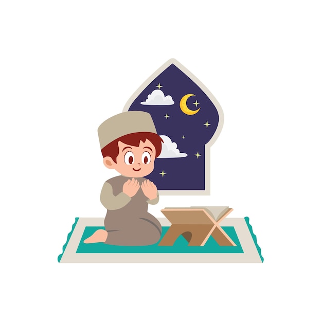 Niño musulmán orando durante el Ramadán por la noche