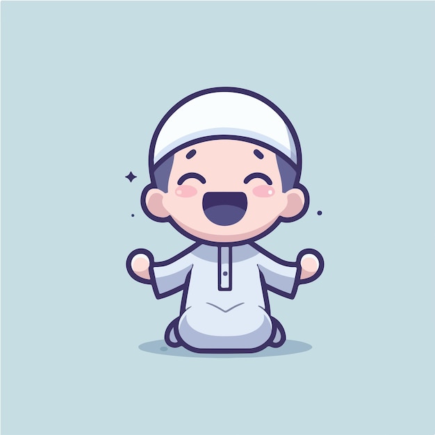 El niño musulmán vectorial es feliz, alegre y emocionado con un estilo de diseño plano simple y de dibujos animados