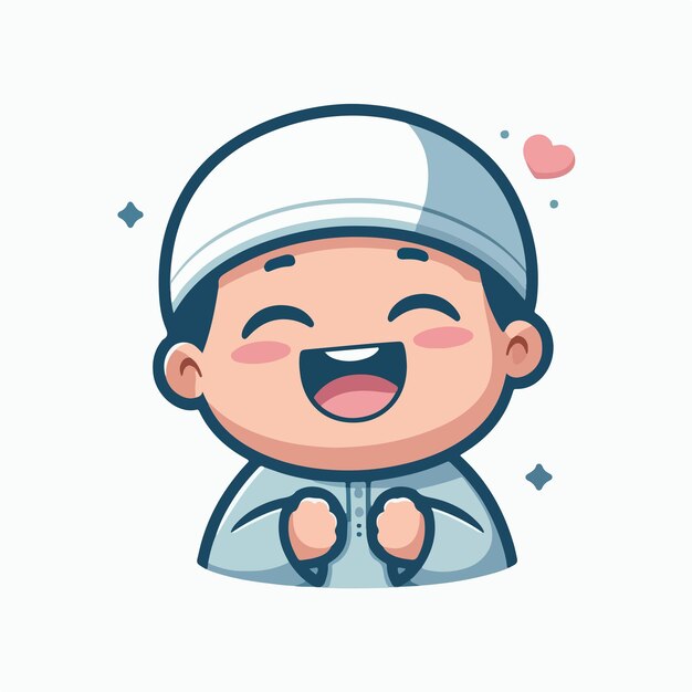 El niño musulmán vectorial es feliz, alegre y emocionado con un estilo de diseño plano simple y de dibujos animados
