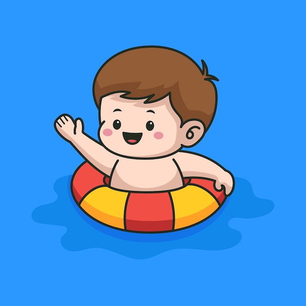 Niño nadando en la ilustración de dibujos animados de piscina