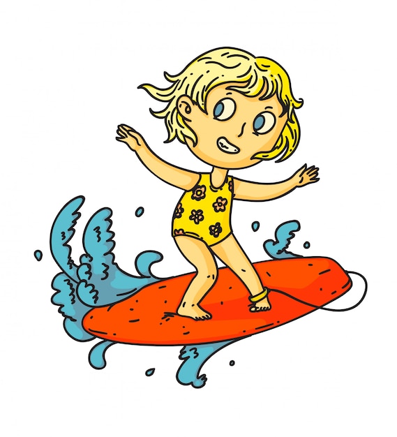 Niño navegando. muchacha aislada del niño que practica surf en la tabla de surf en el mar o las olas del océano. personaje de dibujos animados de vector niño persona en tabla de surf. dibujo de deporte de vacaciones de verano