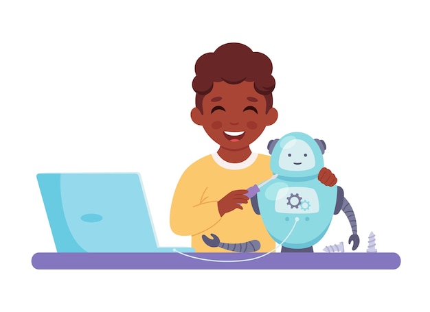 Niño negro creando un robot Programación e ingeniería robótica para niños