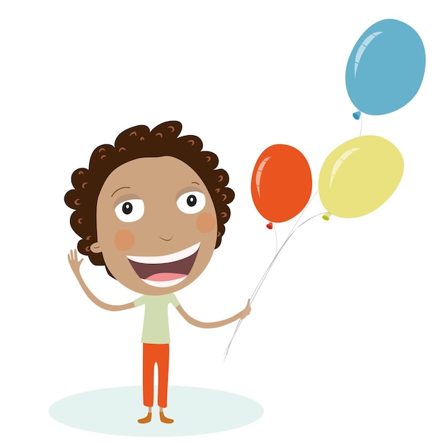 Un niño negro feliz sosteniendo globos de colores Ilustración vectorial