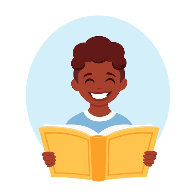 Niño negro leyendo un libro Niño estudiando con un libro Ilustración vectorial