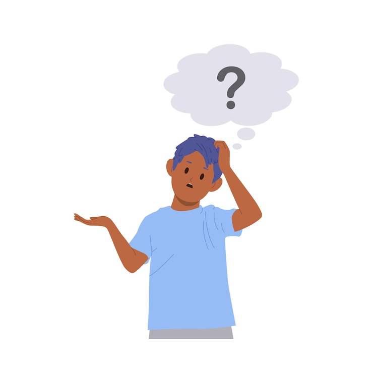 Vector niño nervioso personaje de dibujos animados que tiene problemas para sentir malentendido haciendo preguntas