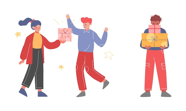Un niño y una niña adolescentes alegres celebrando su cumpleaños dando un conjunto vectorial de cajas de regalos.