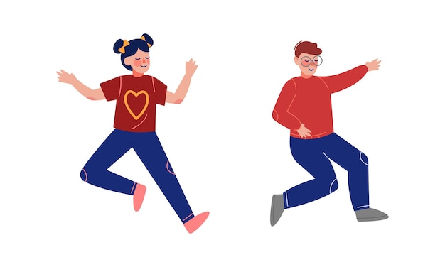 Niño y niña adolescentes sonrientes saltando de alegría levantando las manos divirtiéndose con el conjunto vectorial