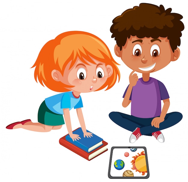 Niño y niña aprendiendo con tableta