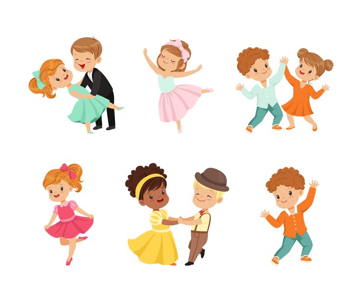 Vector niño y niña bailando y moviéndose a la música conjunto de ilustraciones vectoriales
