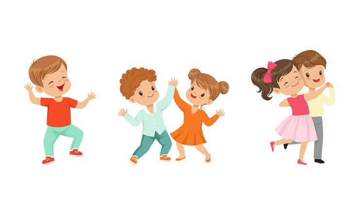 Vector niño y niña bailando en parejas y moviéndose a la música conjunto de ilustraciones vectoriales