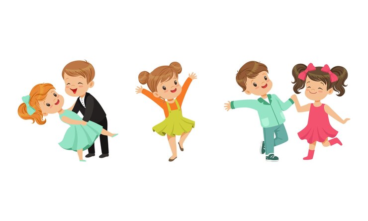 Vector niño y niña bailando en parejas y moviéndose a la música conjunto de ilustraciones vectoriales