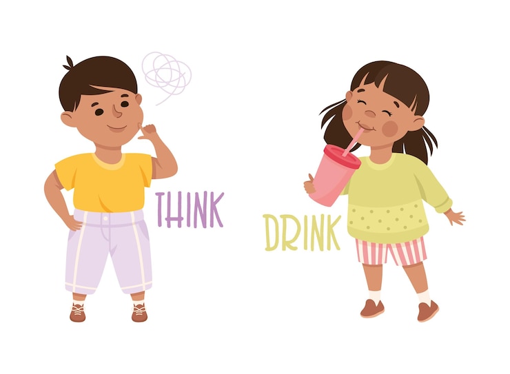 Vector niño y niña bebiendo y pensando demostrando vocabulario y verbos estudiando conjuntos vectoriales