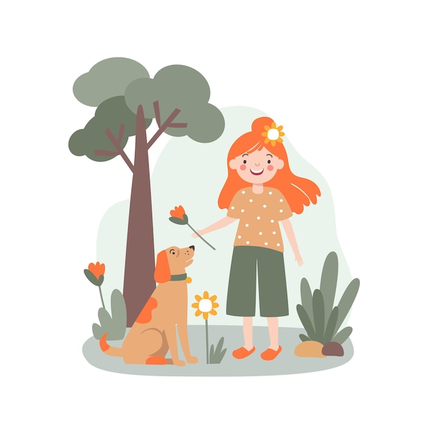 Niño niña caminando con un perro en el parque Concepto de recreación activa Ilustración vectorial en un piso